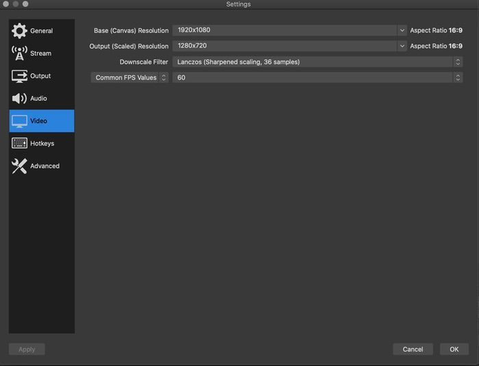 как транслировать на youtube с mac через obs - obs video settings 1