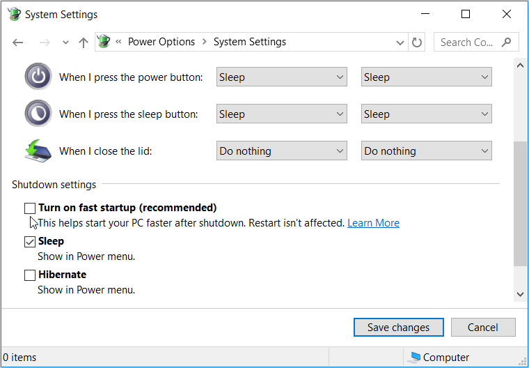 Отключение функции Быстрая загрузка