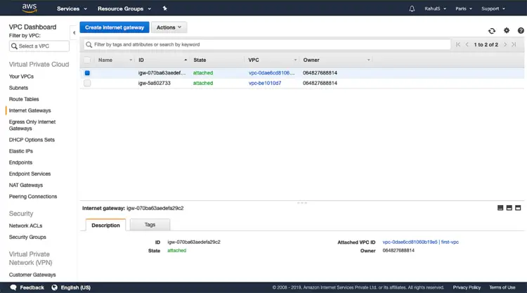 Список Internet Gateway, прикреплённых к VPC