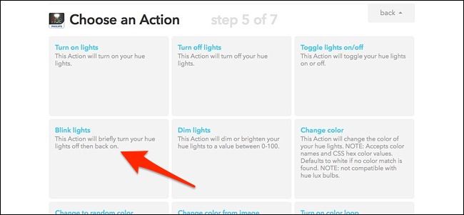 Схема: настройка автоматизации в IFTTT и выбор лампы Philips Hue