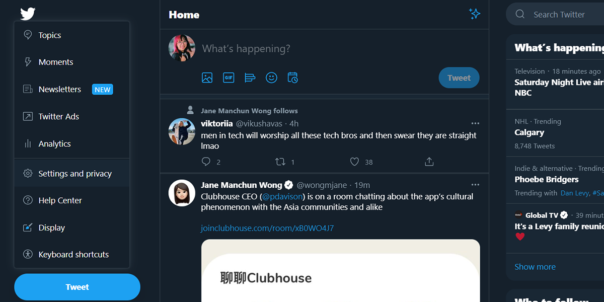 Скриншот левой навигации в веб-версии Twitter