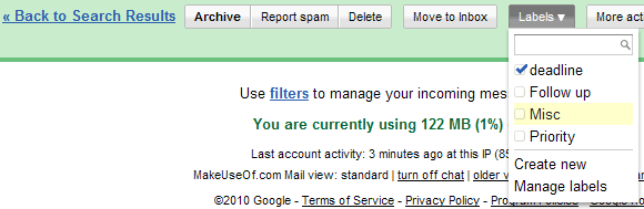 Добавление меток к письму в Gmail: меню ярлыков внизу письма