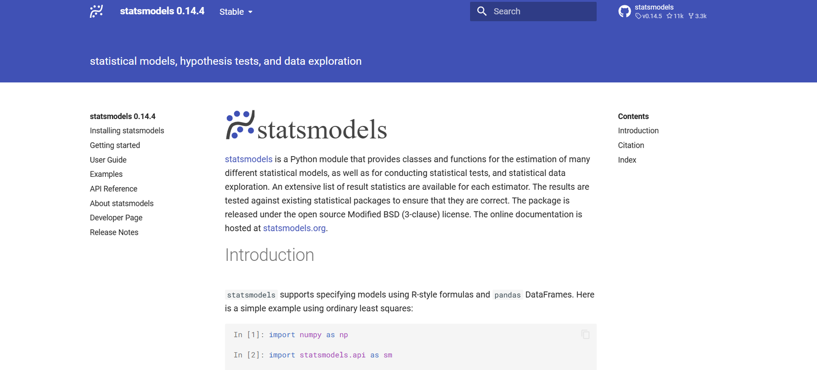 Официальный сайт библиотеки statsmodels с логотипом и навигацией.