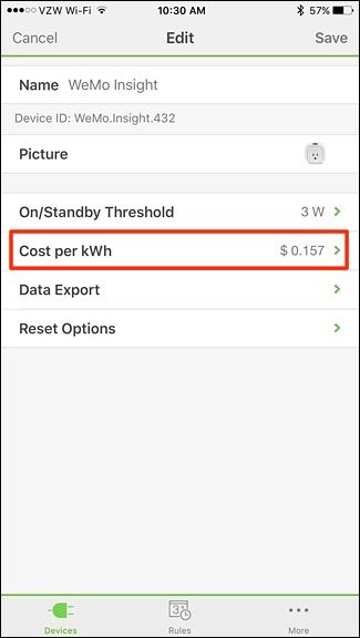 Экран с пунктом Cost per kWh