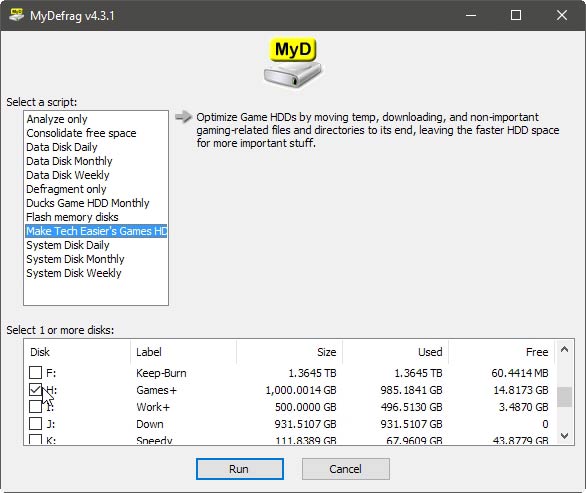 Выбор скрипта и запуск MyDefrag