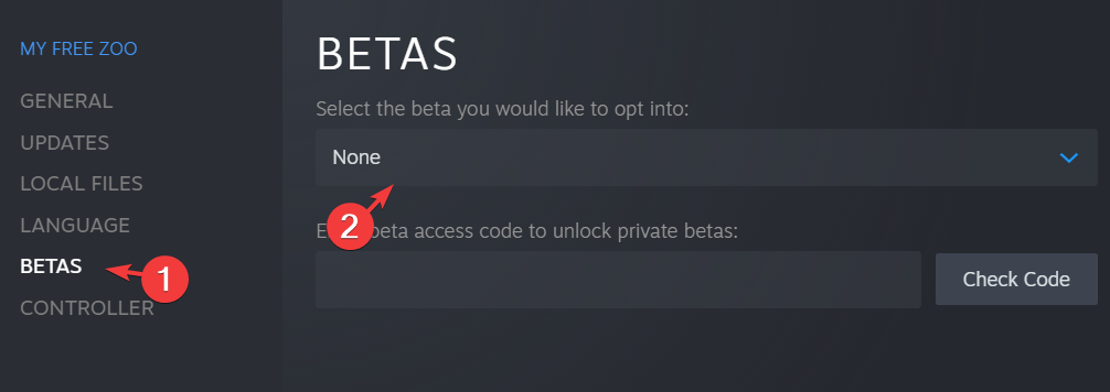 Выбор бета-версии в свойствах игры