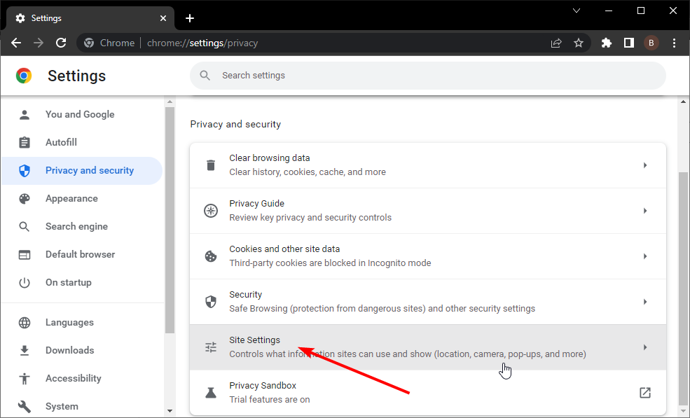 Настройки сайта в Chrome