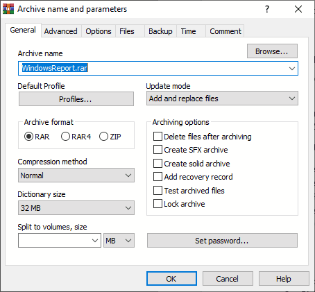 Параметры архива и имя файла