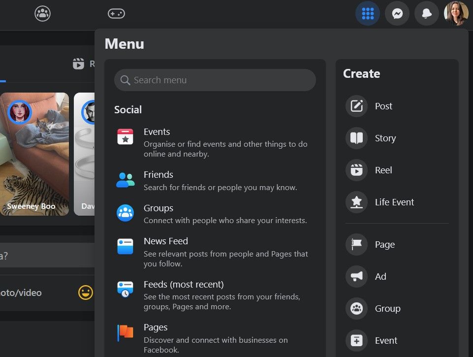 Иконки меню в веб-приложении Facebook