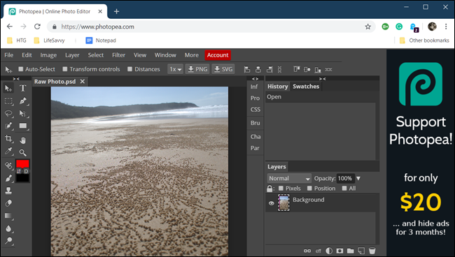 Интерфейс PhotoPea — браузерный фоторедактор