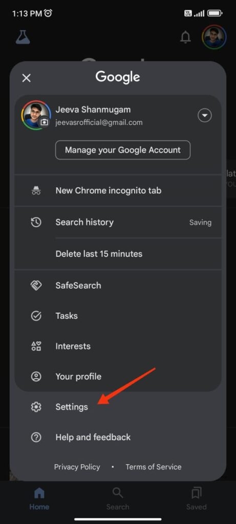 Переход в раздел Настройки приложения Google на Android