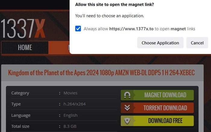 Предупреждение Firefox при открытии magnet