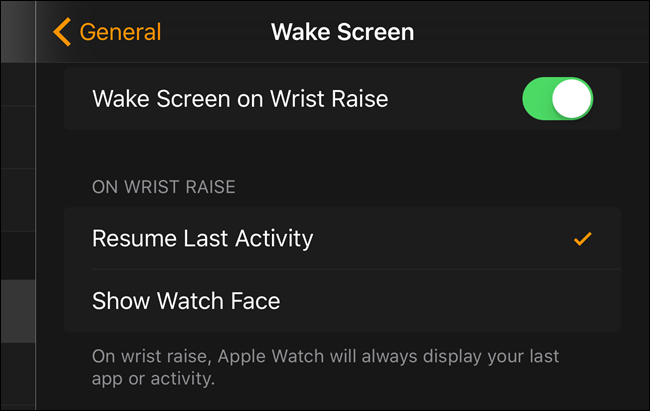 Выбор Возобновлять последнюю активность в приложении Watch на iPhone
