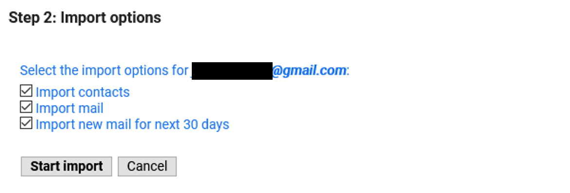Опции импорта данных аккаунта Google.