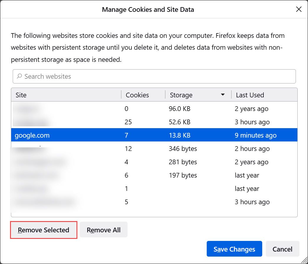Удаление выбранных данных сайта в Firefox