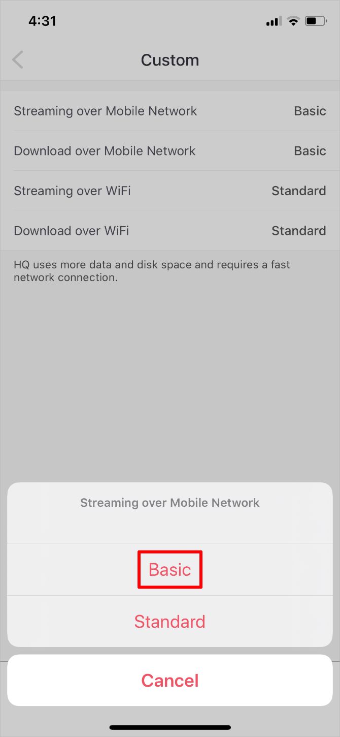 Настройки пользовательского качества стриминга для мобильной сети в Deezer