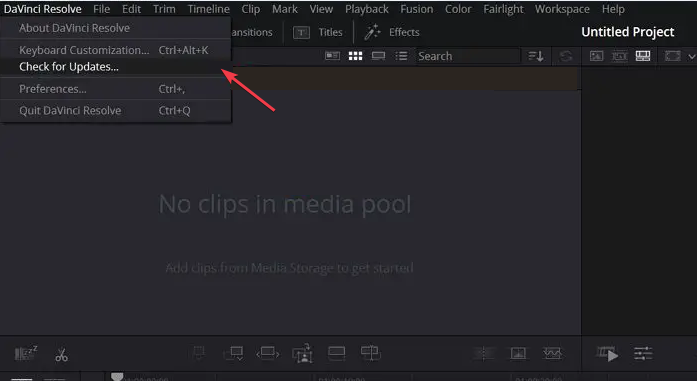 Меню DaVinci Resolve — проверка обновлений
