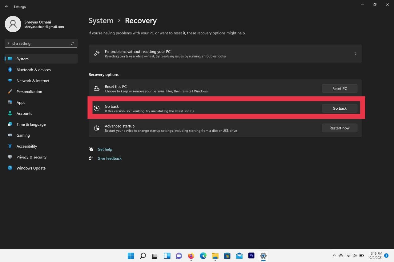 Кнопка отката к предыдущей версии Windows