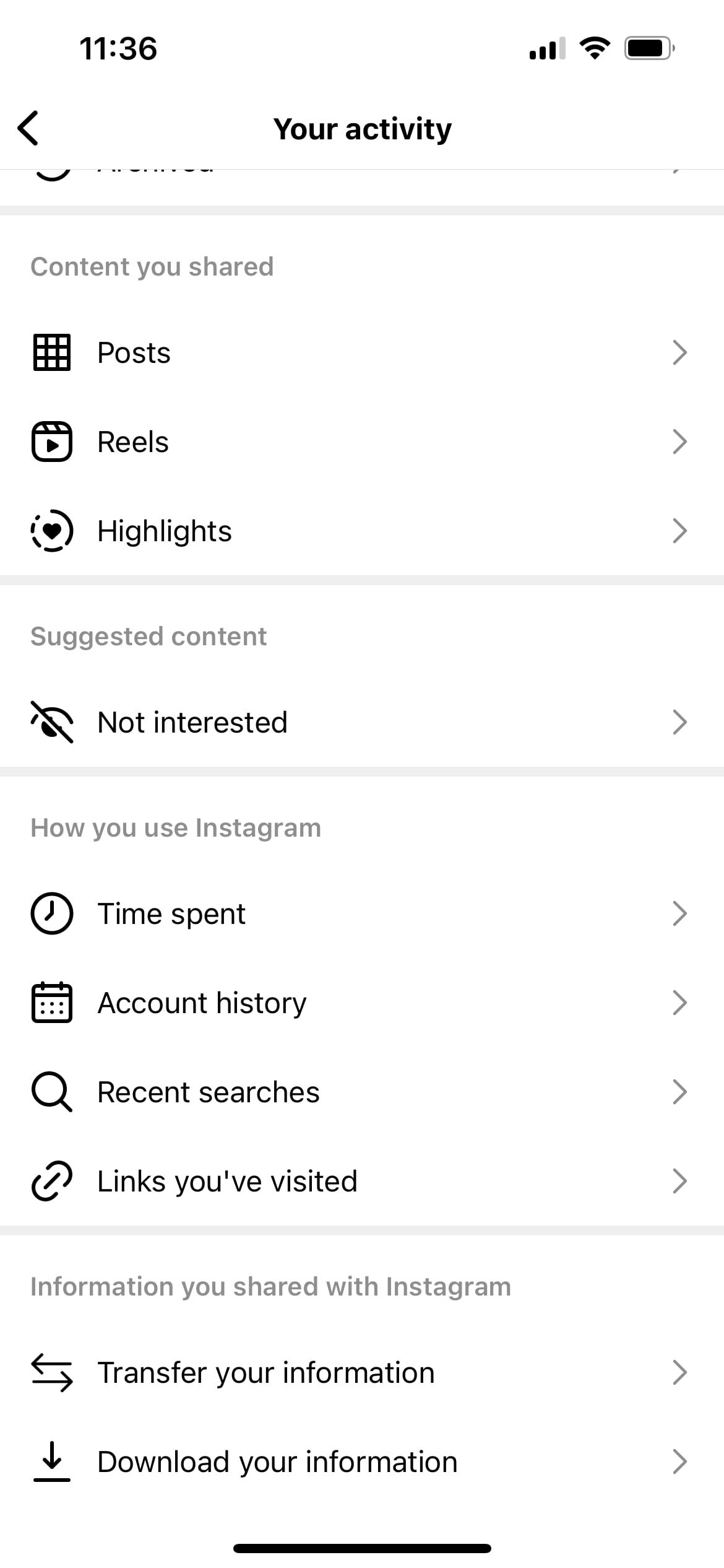 Вкладка «Ваша активность», прокручено до раздела «История аккаунта»