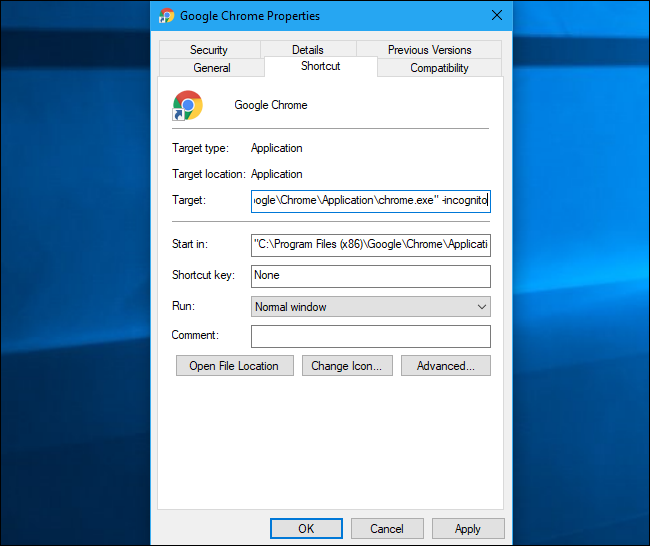 Пример добавленного параметра -incognito в ярлык Chrome