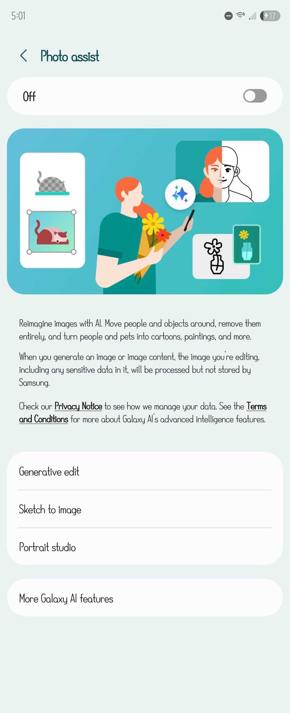 Страница настроек функции Photo Assist в Galaxy AI.