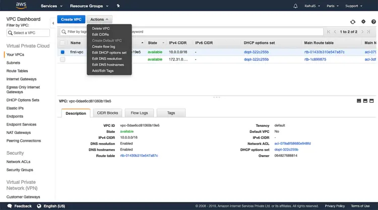 Кнопка Delete VPC для удаления выбранной виртуальной частной сети