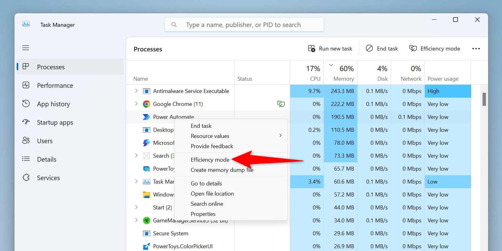 Режим эффективности для приложения в Диспетчере задач