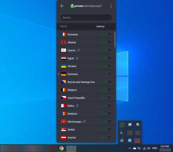 Экран выбора сервера PIA