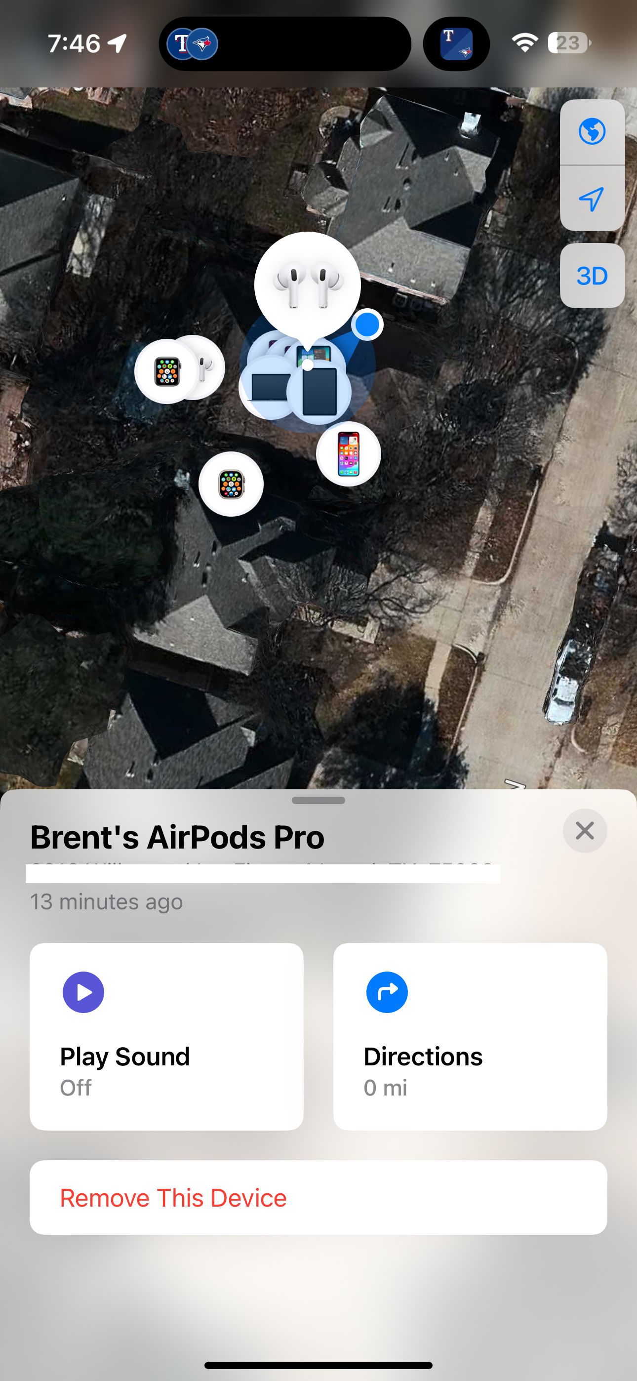 Страница AirPods Pro в приложении Локатор