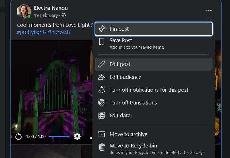Параметры публикации Facebook