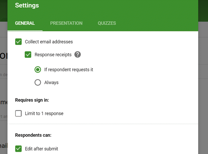 Общие настройки формы: отправка и редактирование ответов