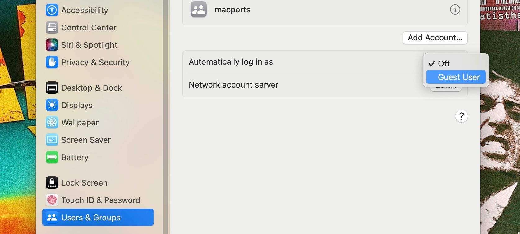 Скриншот настройки автоматического входа в macOS