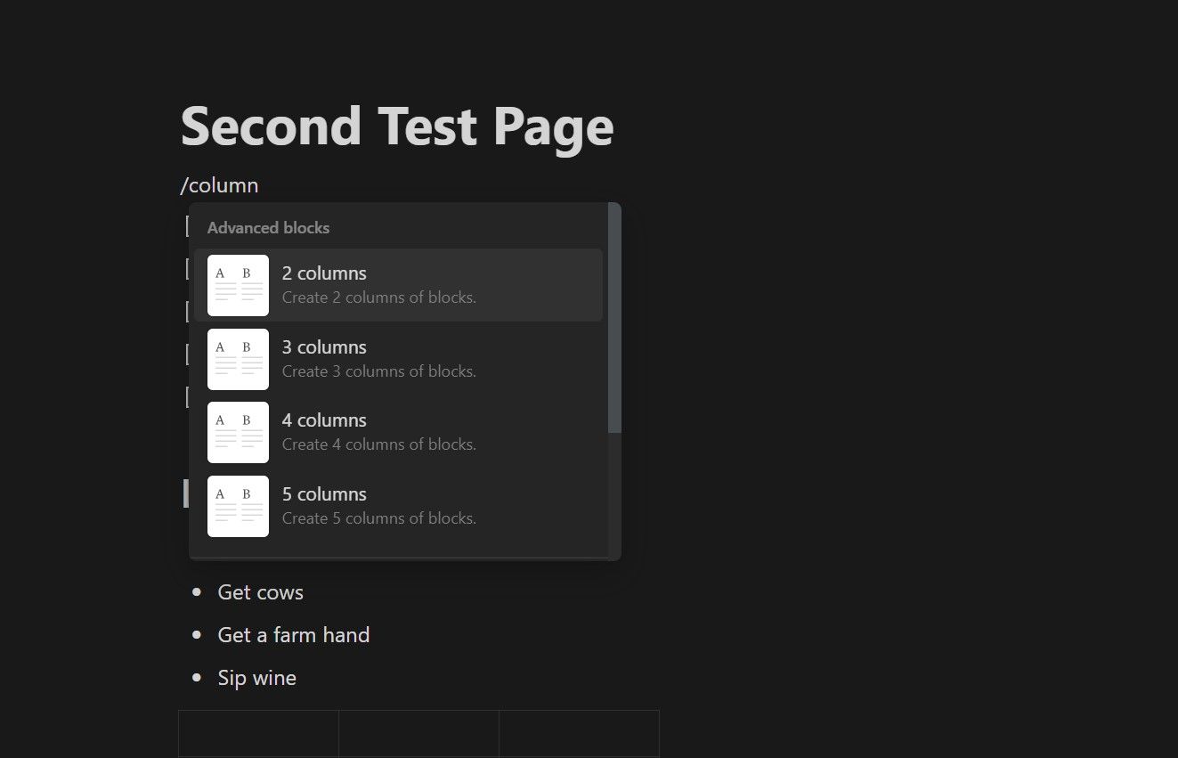 Скриншот, показывающий варианты колонок в дополнительных блоках на странице Notion.