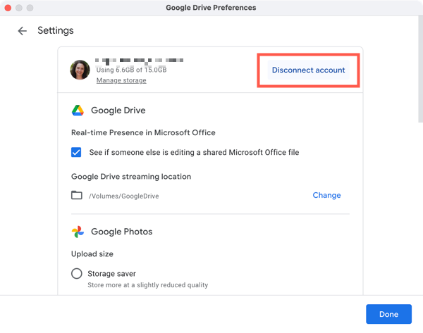 Отключение аккаунта Google Drive на Mac