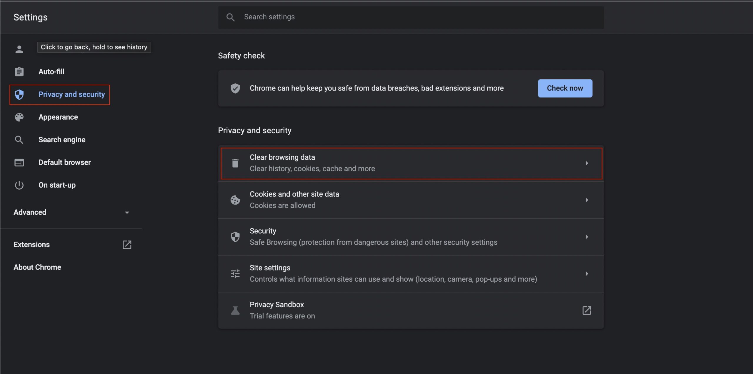 Chrome: Bereich 'Privatsphäre und Sicherheit'