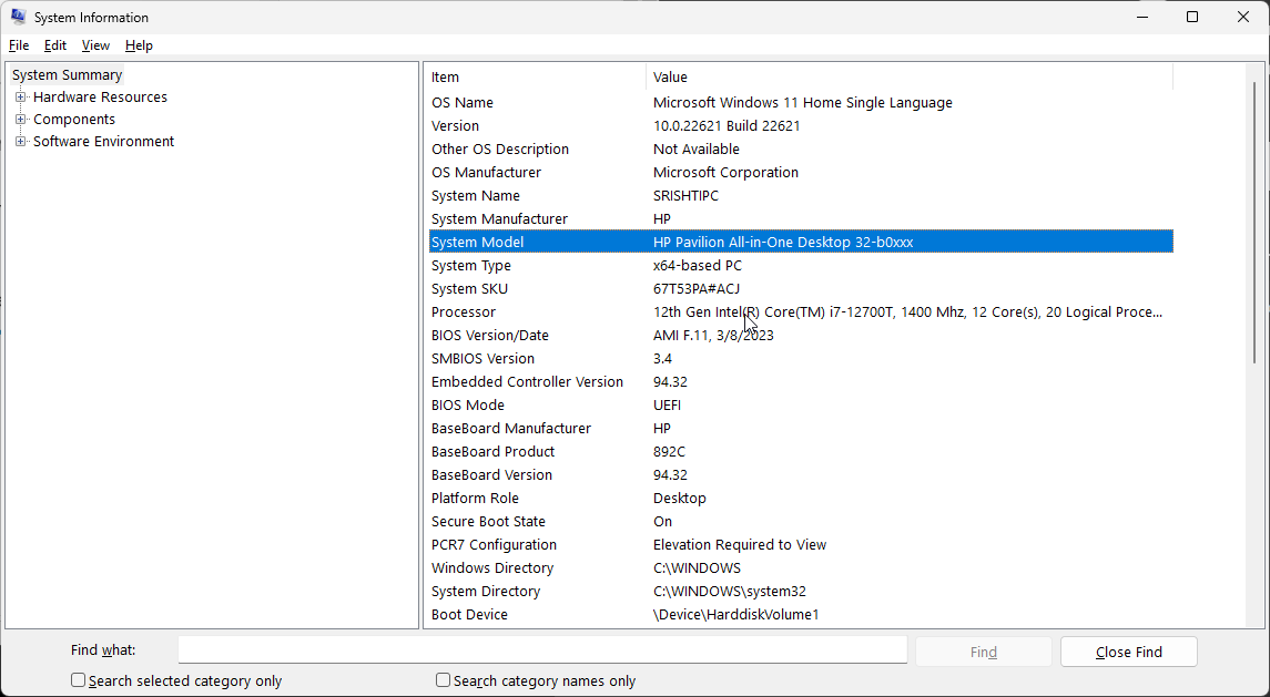 Информация о модели и BIOS