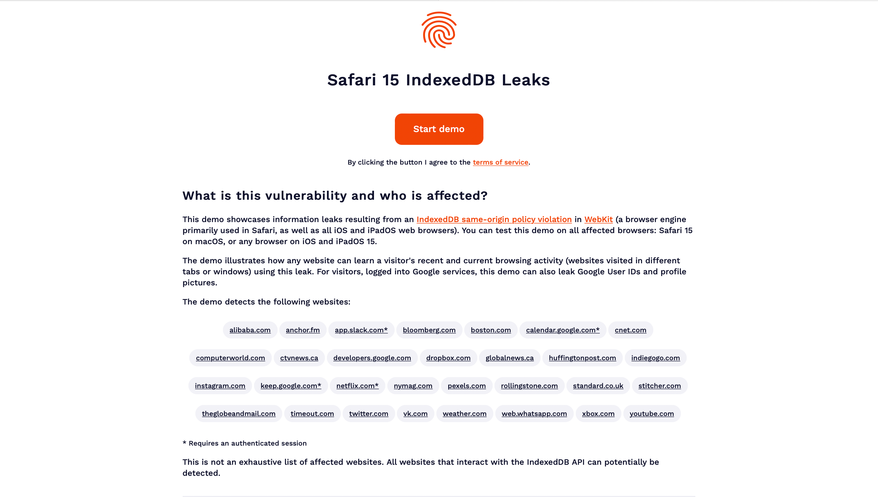Демо утечки IndexedDB от FingerprintJS