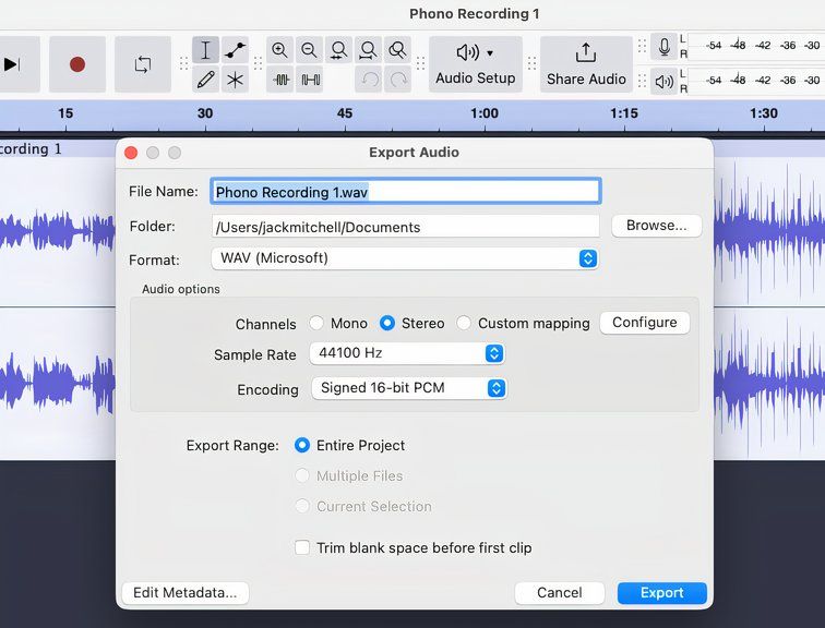 Audacity — экспорт аудио.
