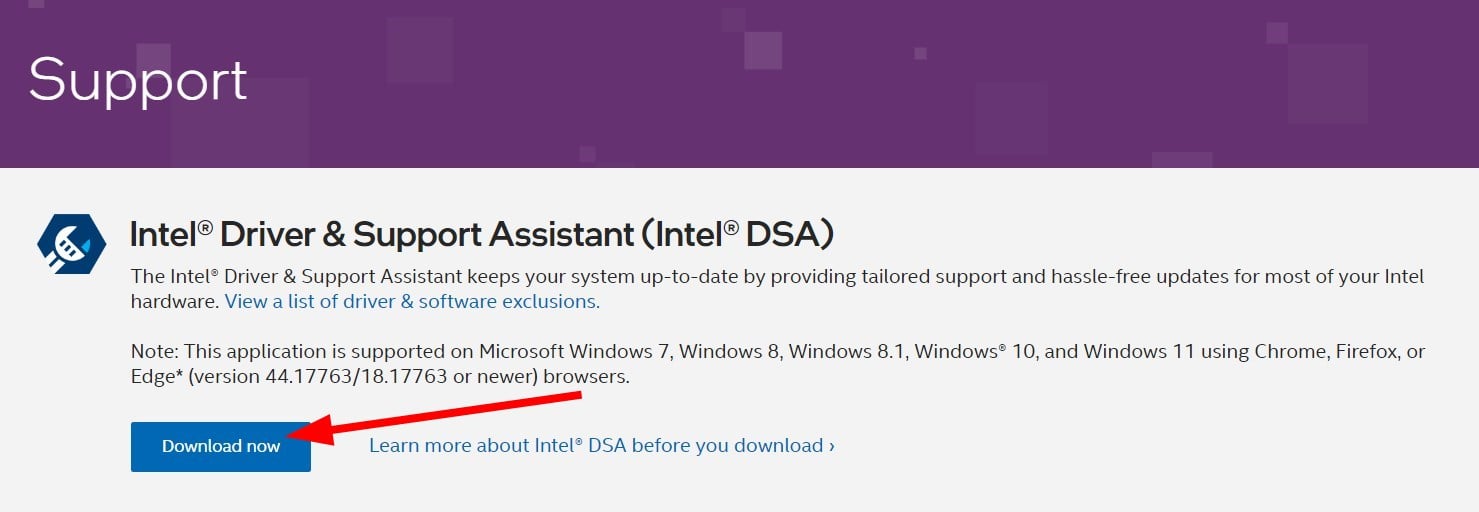 Страница загрузки Intel Driver & Support Assistant