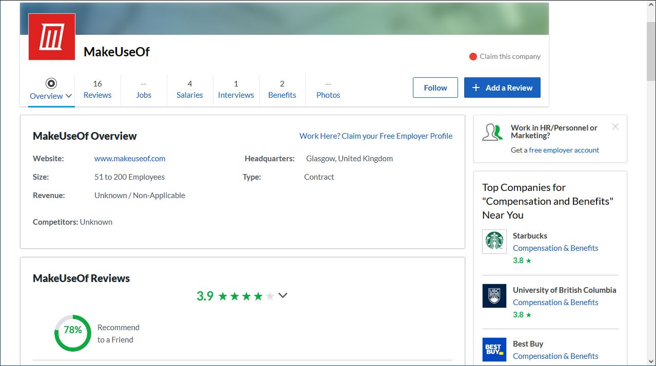 Логотип MakeUseOf на странице отзывов Glassdoor — пример сайта с отзывами сотрудников