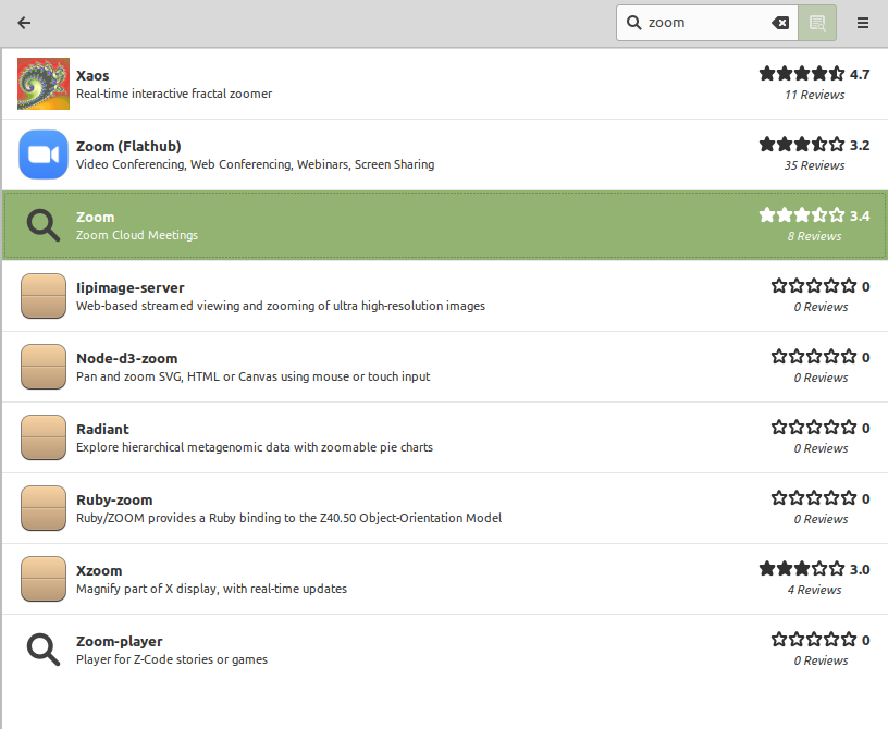Поиск Zoom в менеджере приложений Linux Mint.