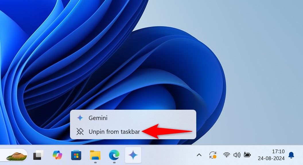 'Unpin From Taskbar' выделено для Gemini на панели задач Windows.
