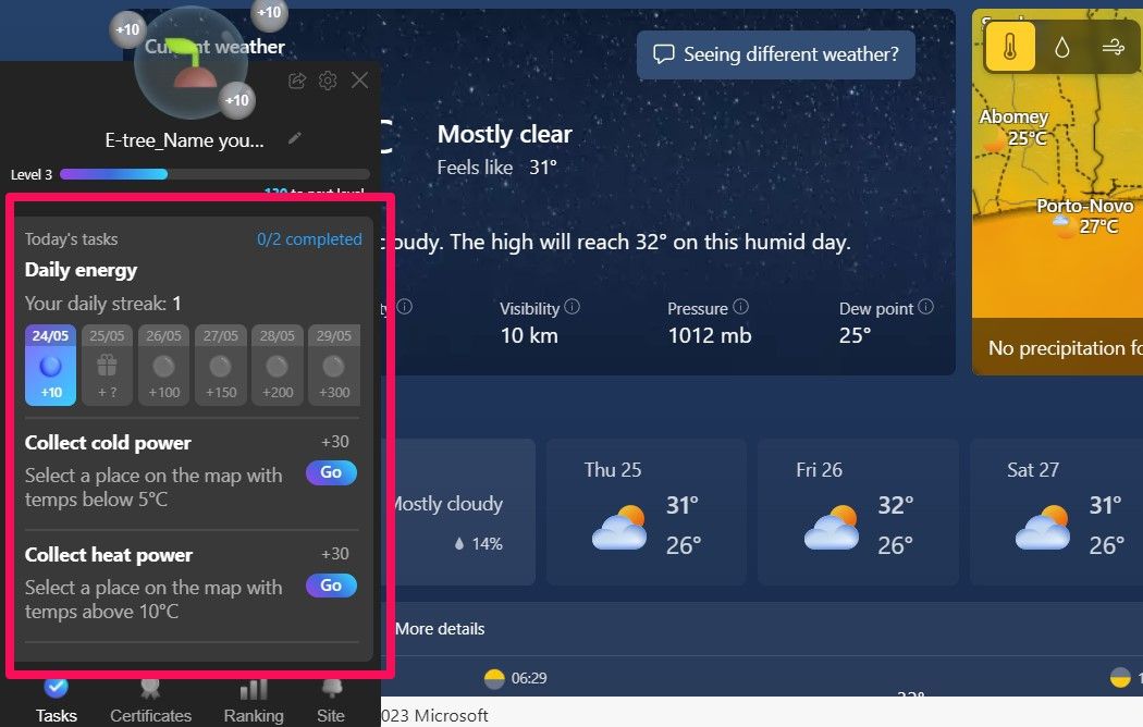 Ежедневные задания E-tree в приложении Погода