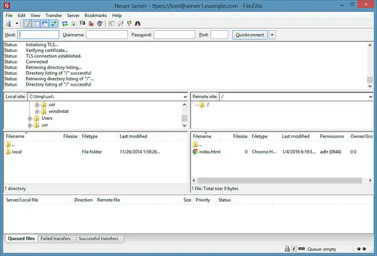 Список файлов в FileZilla после подключения.