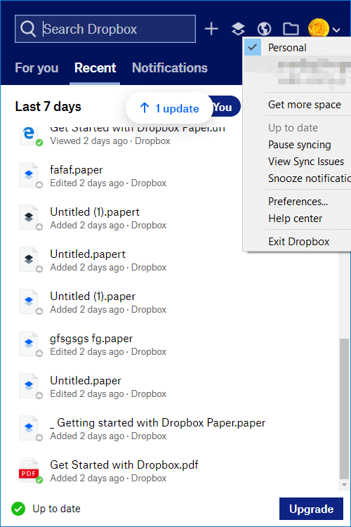 Applet di ricerca di Dropbox su Windows
