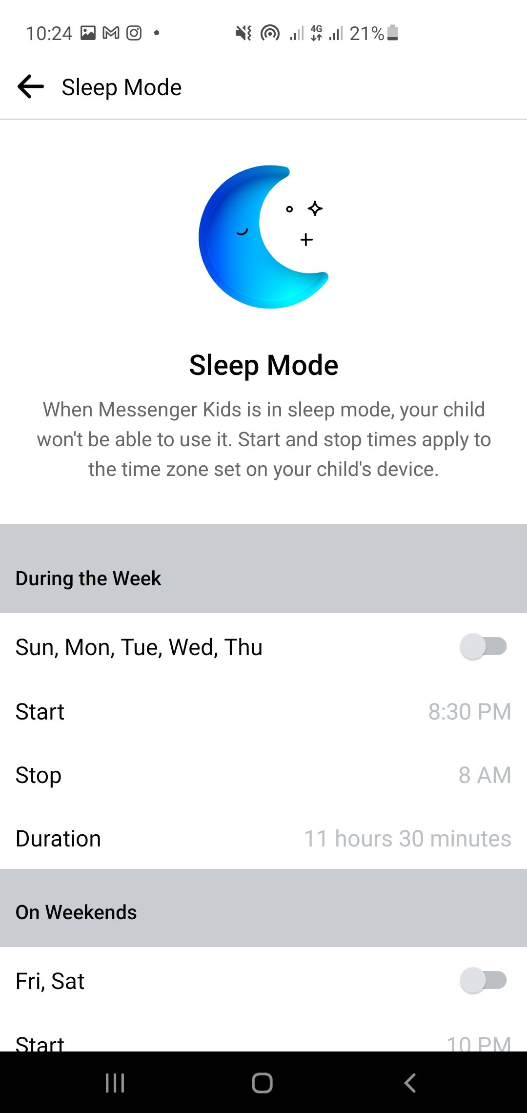 Экран режима Сон в приложении Facebook