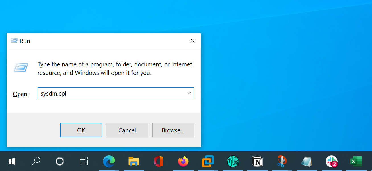 Окно Выполнить с командой sysdm.cpl.