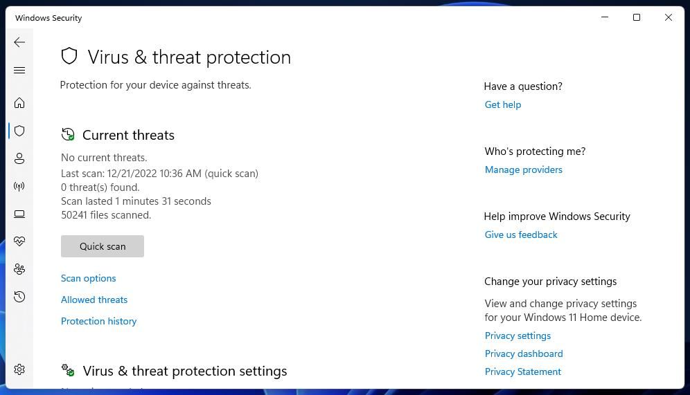 Вкладка Защита от вирусов и угроз в Windows Security