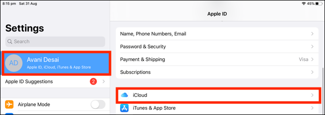 Выберите профиль, затем нажмите iCloud