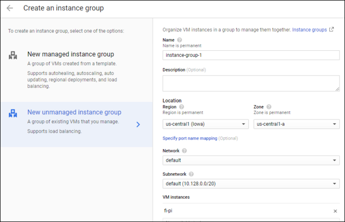 Выбор Unmanaged instance group для виртуальных машин